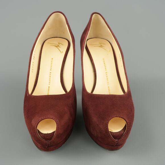 GIUSEPPE ZANOTTI Size 6.5 Burgundy Suede Peep Toe Platform SHARON Pumps - Picture 4 of 9